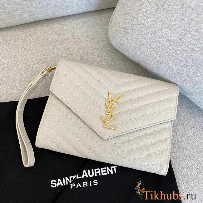 YSL White Gold Matelasse Envelope Wristlet Clutch 21x16x3cm - 1