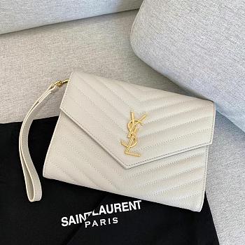 YSL White Gold Matelasse Envelope Wristlet Clutch 21x16x3cm