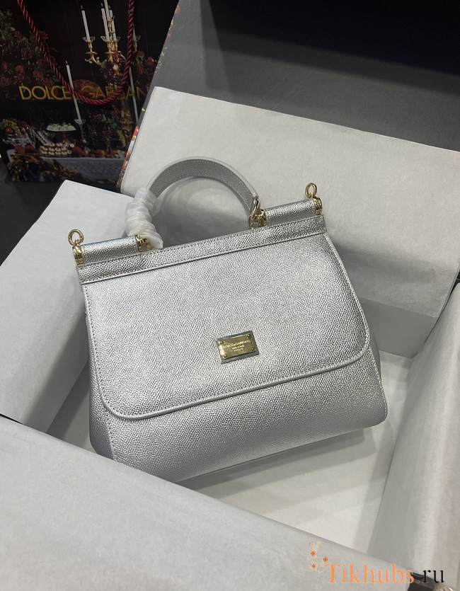 Dolce & Gabbana Medium Sicily Handbag In Dauphine Leather Silver 25x20x12cm - 1