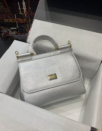 Dolce & Gabbana Medium Sicily Handbag In Dauphine Leather Silver 25x20x12cm