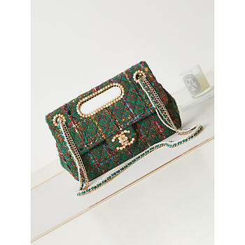 Chanel Large Flap Bag Top Handle Wool Tweed Green Multi 29x19x9cm