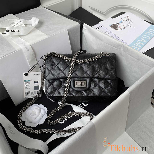 Chanel Reissue 2.55 Flap Bag Calfskin Black Silver 20cm - 1