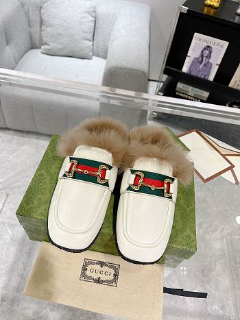 Gucci White Horsebit Slippers