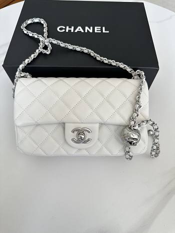Chanel Flap Bag White Lambskin Silver Ball 20cm