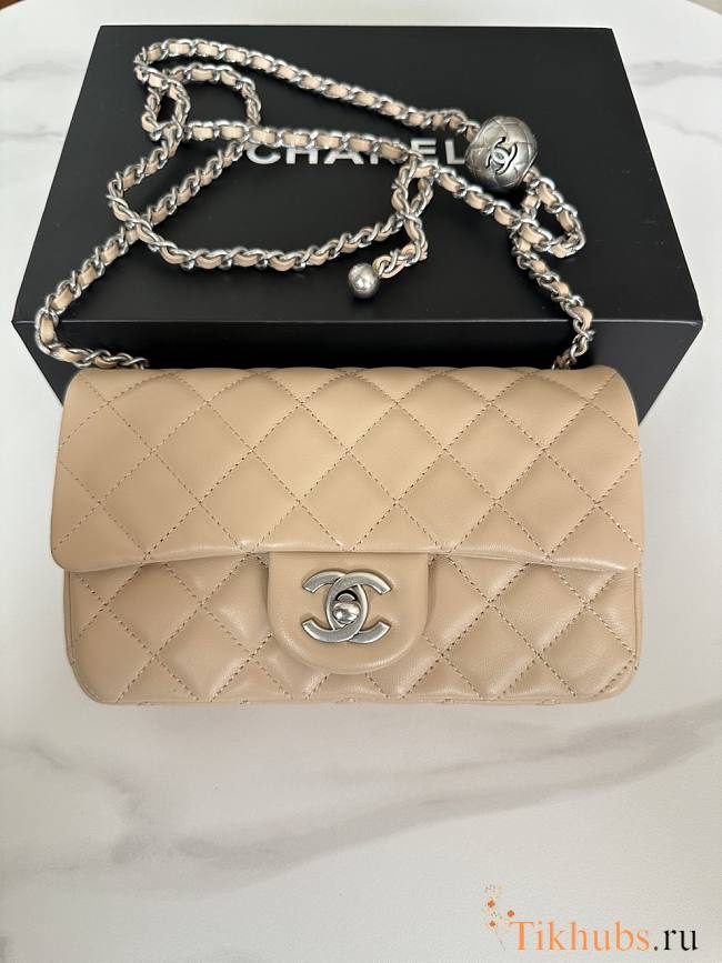 Chanel Flap Bag Beige Lambskin Silver Ball 20cm - 1