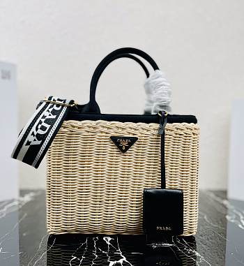 Prada Wicker Logo Plaque Tote Bag Black 25.5x17.5x11cm