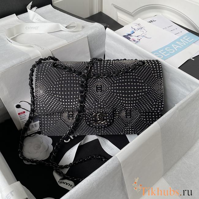 Chanel Flap Classic Handbag Velvet Crystal Pearl Black 25cm - 1