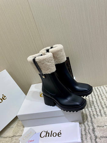 Chloe Betty Shearling Trimmed Rubber Ankle Black Boots 