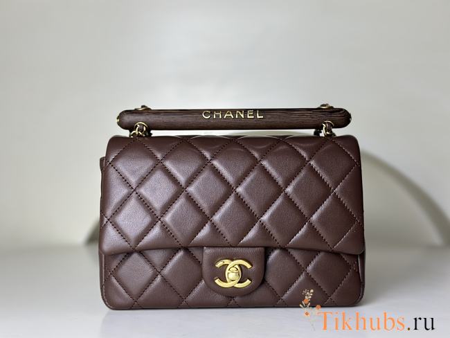 Chanel Small Handle Flap Bag Lambskin Wood Gold Brown 21x13.5x6cm - 1