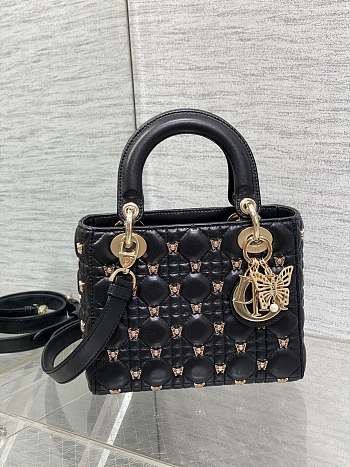 Dior Small Lady Bag Black Gold-Finish Butterfly Studs 20cm