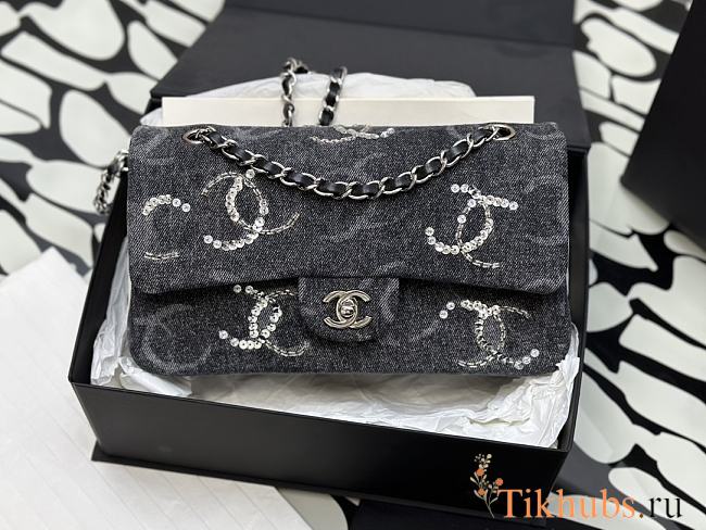 Chanel Flap Bag Denim Black Sequins Silver 25.5cm - 1