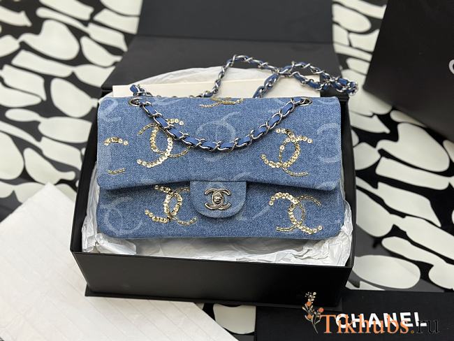 Chanel Flap Bag Denim Blue Sequins Silver 25.5cm - 1