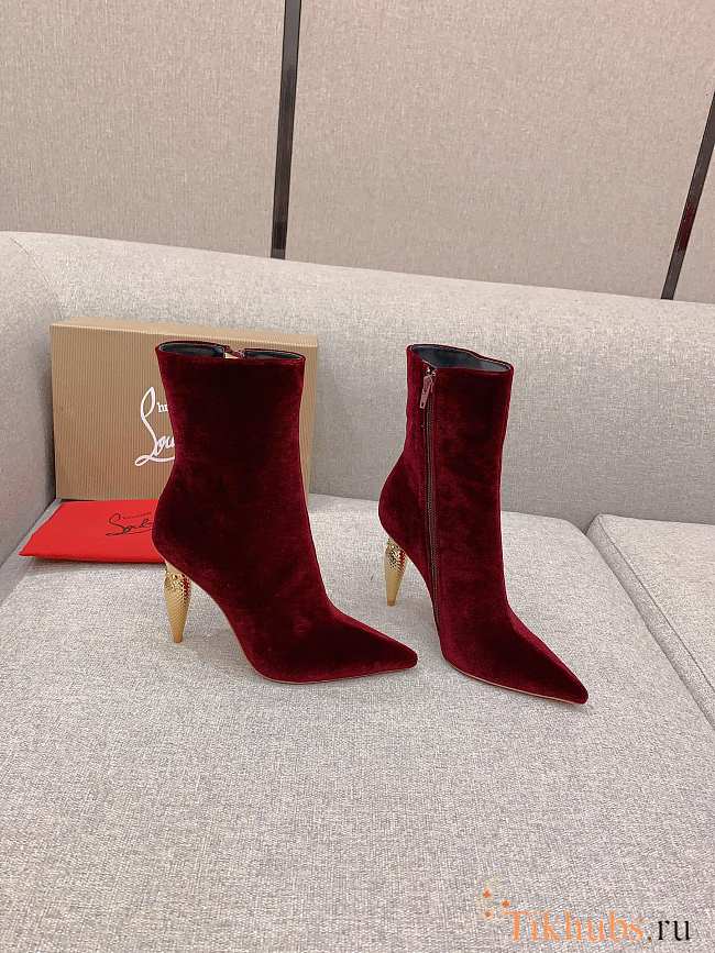 Christian Louboutin Burgundy Velvet Ankle Boots 10cm - 1