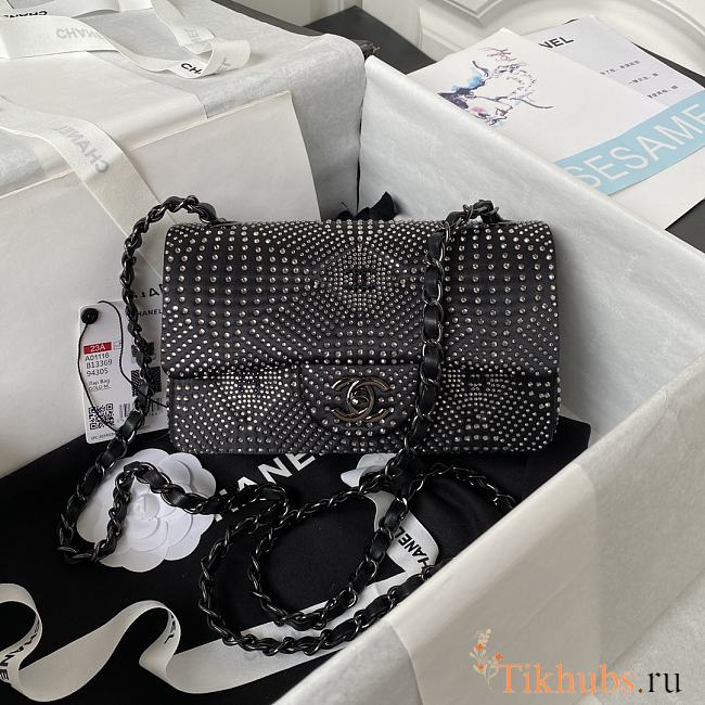 Chanel Small Flap Classic Handbag Velvet Crystal Pearl Black 20cm - 1