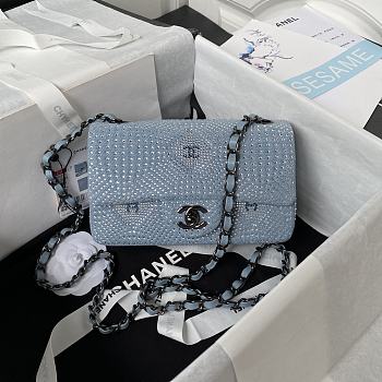 Chanel Small Flap Classic Handbag Velvet Crystal Pearl Blue 20cm