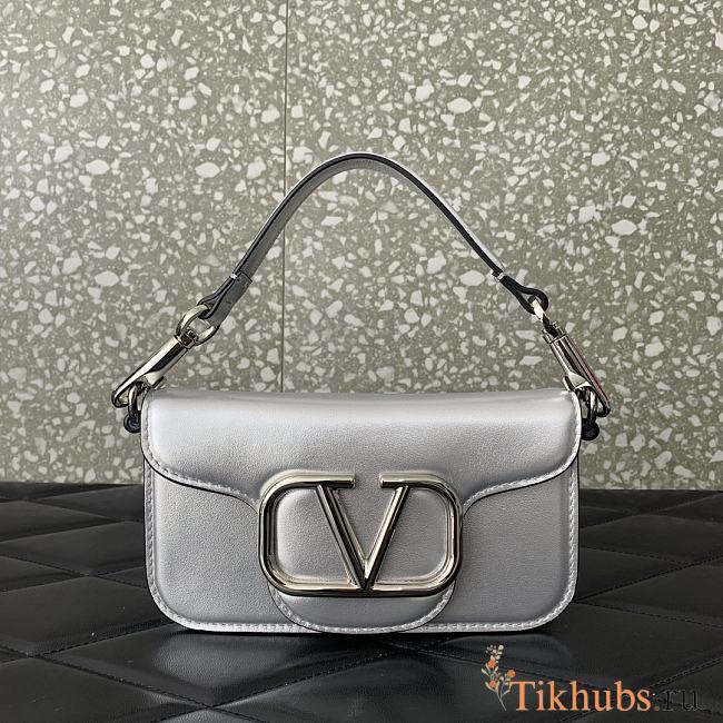 Valentino Small Loco Metallic Calfskin Silver Shoulder Bag 20x11x5cm - 1