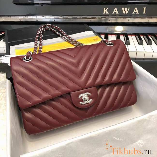 Chanel Flap Bag Chevron Red Wine Lambskin Silver 25cm - 1