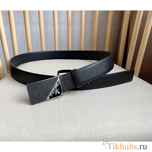 Prada Saffiano Leather Belt With Triangle Logo Black 3.3cm - 1