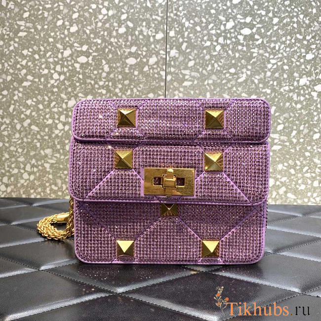 Valentino Small Garavani Roman Stud Rhinestone Shoulder Bag Purple 19x13x6cm - 1