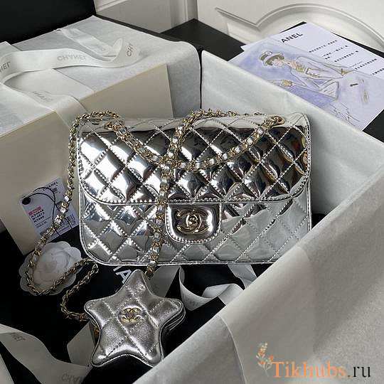 Chanel Flap Bag & Star Coin Purse Mirror Silver 24x15.5x7.5cm - 1