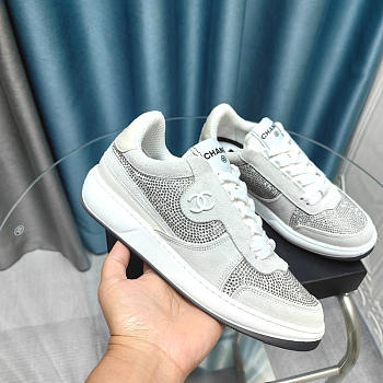 Chanel CC 23C Silver Grey Crystals CC Logo Suede Sneakers