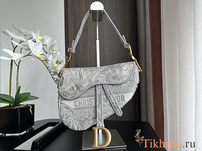 Dior Saddle Bag Gray Toile de Jouy Embroidery 25.5x20x6.5cm - 1