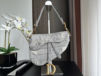 Dior Saddle Bag Gray Toile de Jouy Embroidery 25.5x20x6.5cm