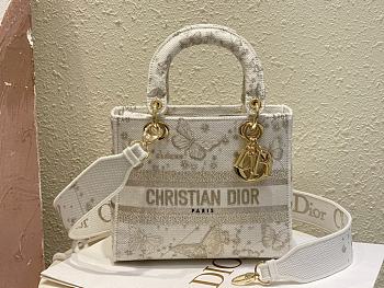 Dior Medium Lady D-Lite Bag Gold-Tone and White Butterfly 24 x 20 x 11 cm