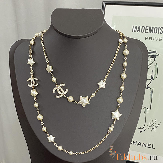 Chanel Metal Resin Pearl Star CC Necklace Gold - 1