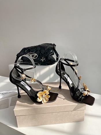 Jimmy Choo Zea 96 Black Satin Sandals with Metal Flowers