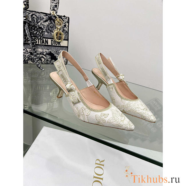 Dior J'adior Slingback Pump White Gold-Tone Toile de Jouy Mexico 6.5cm - 1