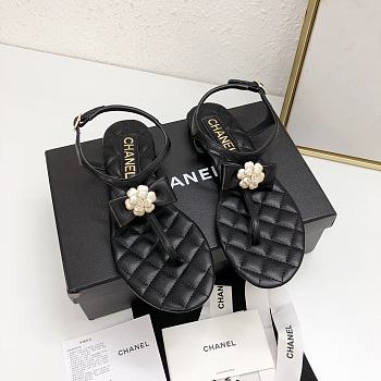 Chanel Black White Camellia Bow Thong Sandals