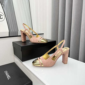 Chanel Velvet And Leather High Heel Slingbacks Golden And Pink 10cm