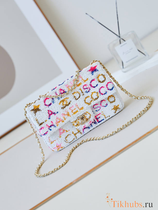 Chanel Small Flap Bag Sequins Gold White Yellow Pink Blue 14×21×8cm - 1