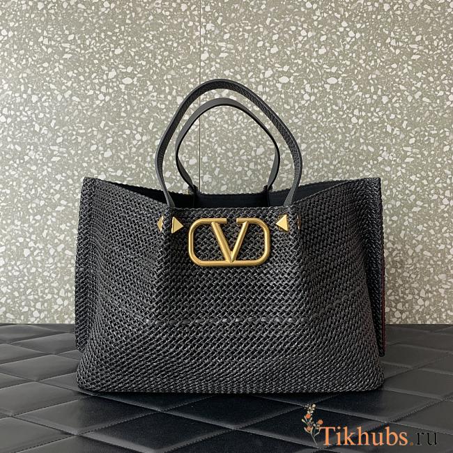 Valentino Black Raffia V-Logo Tote Bag 35x25x17cm - 1