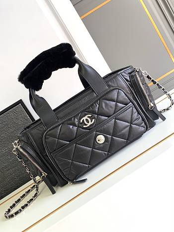 Chanel Large Bowling Bag Nylon Fabric Silver Alloy Black 35x16x20cm