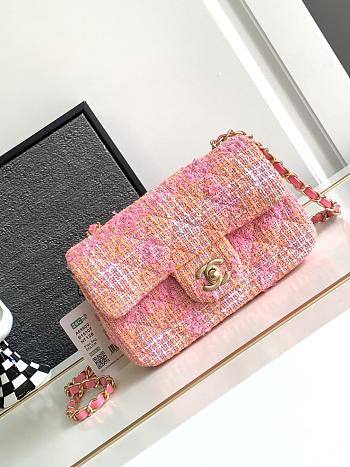 Chanel Mini-Sized Foldable Bag Tweed Gold Orange Pink 20cm