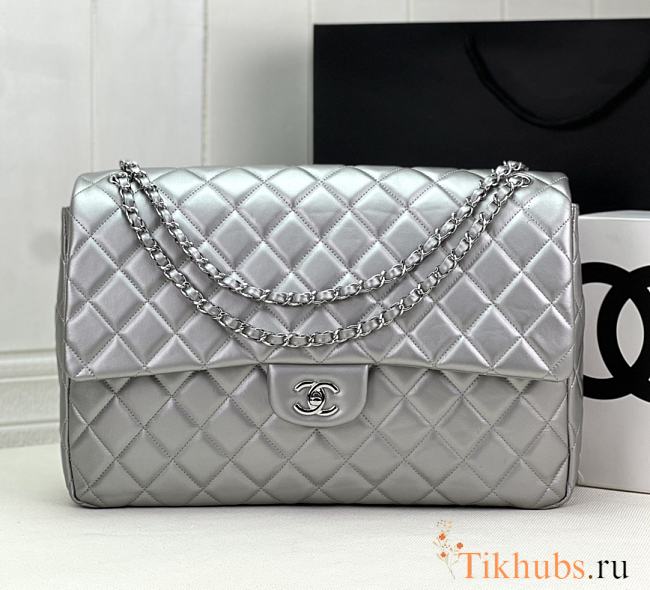 Chanel Large Flap Bag Silver Lambskin Silver Hardware 38x27x12cm - 1