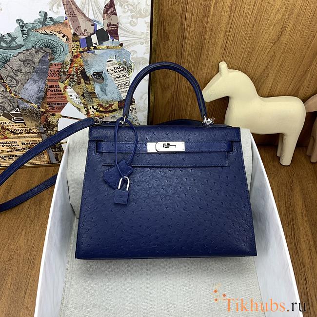 Hermes Kelly Bag Navy Blue Silver Ostrich Leather 28cm - 1