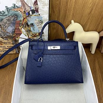 Hermes Kelly Bag Navy Blue Silver Ostrich Leather 28cm