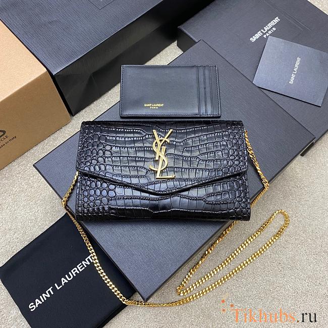 YSL Uptown Chain Wallet Crocodile Black Gold 19x12x4cm - 1