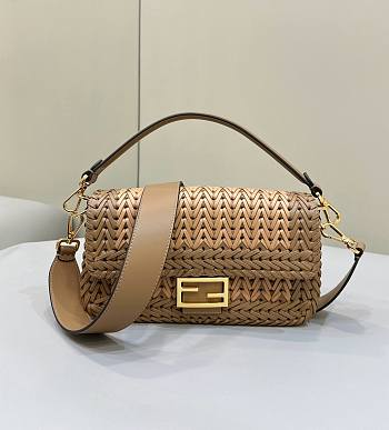 Fendi Baguette Sand Brown Interlaced Leather Bag 27x15x6cm