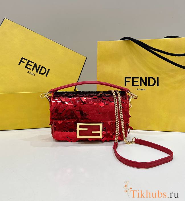 Fendi Baguette Mini Fuchsia Sequin Leather Red Bag 19x11x5cm - 1