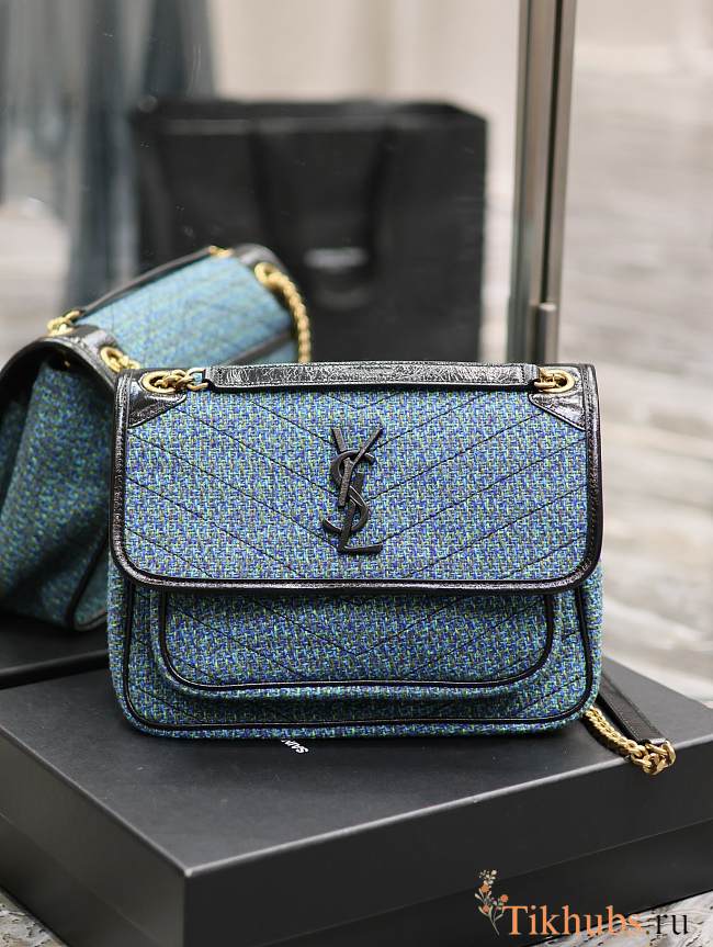 YSL Medium Niki Checked Tweed Blue 28x20.5x8.5cm - 1