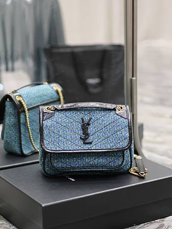 YSL Niki Checked Tweed Blue 22x16.5x12cm