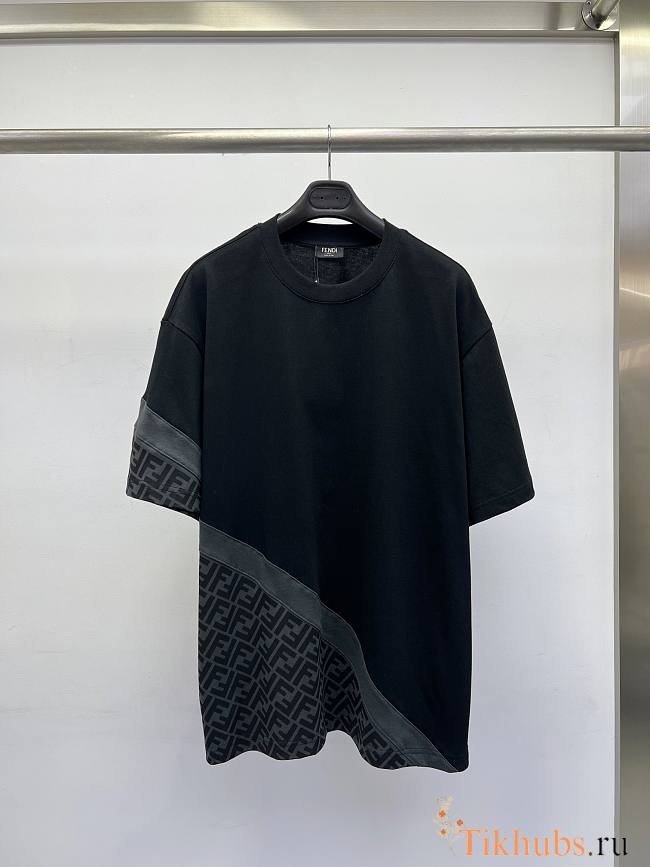 Fendi T-shirt With Diagonal Insert In Black Grey - 1