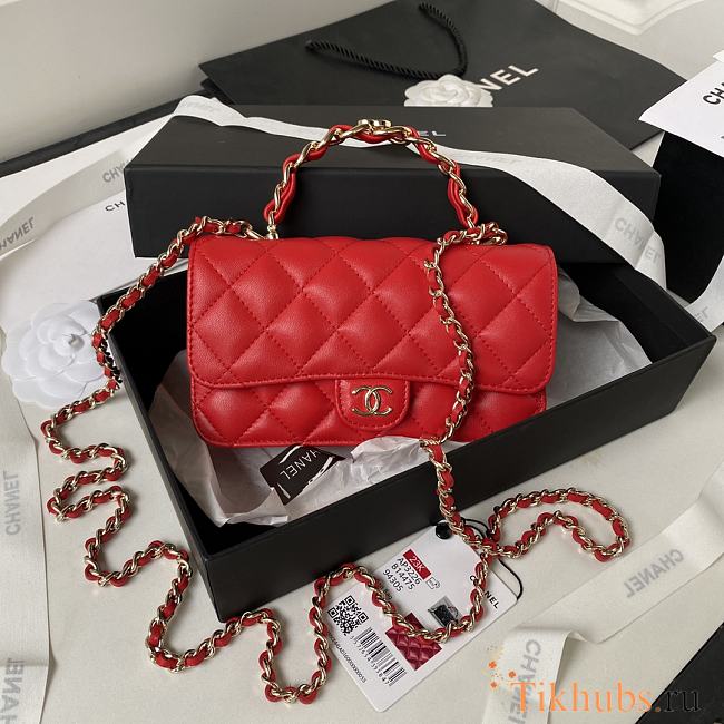 Chanel Flap Bag Top Handle Red Lambskin 17x9.5x4cm - 1