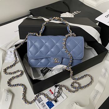 Chanel Flap Bag Top Handle Blue Lambskin 17x9.5x4cm