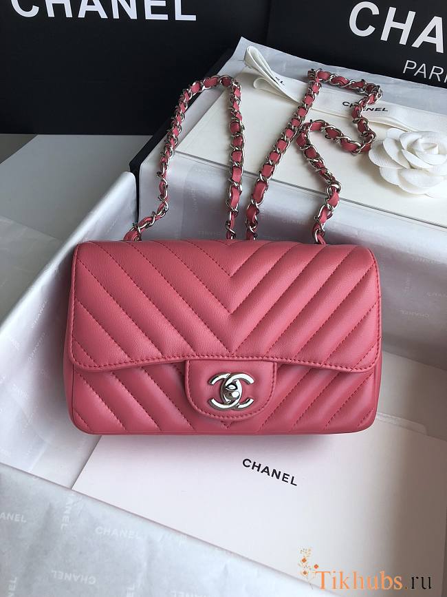 Chanel Flap Bag Chevron Lambskin Pink Silver 20cm - 1