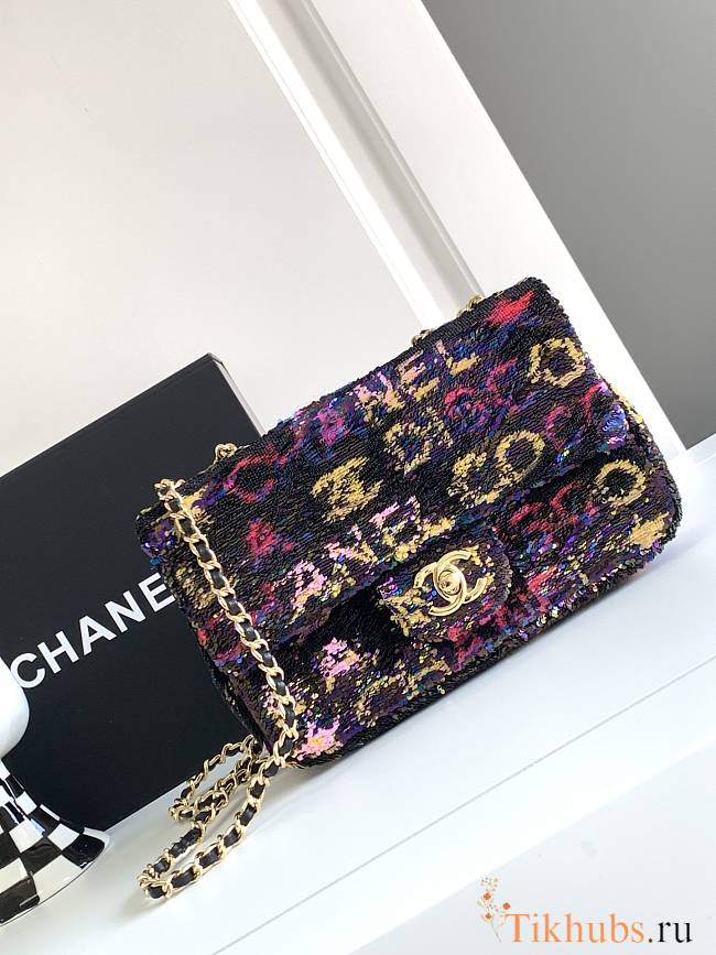 Chanel Small Flap Bag Sequins Gold Black 14×21×8cm - 1